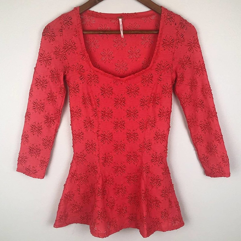 Free People Persimmon Daisy Lace Peplum Godet Top - Picture 4 of 8
